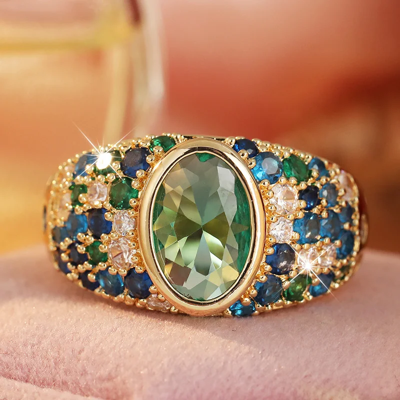 Elegant Wide Band Ring for Women Court Style Fully Set Multicolor Cubic Zirconia Evening Party Light Luxury Atmosphere Jewelry