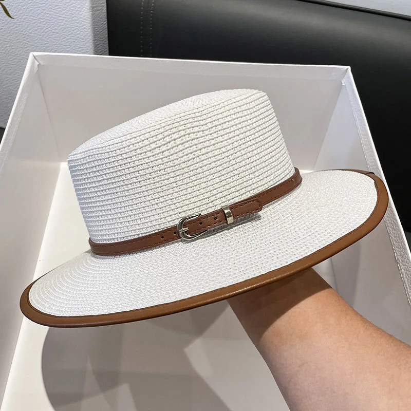 Leather Edge Decoration Sun Hat Fashion Belt Decoration British Style Flat Top Hat Sun Protection Outdoor Beach Panama Hat