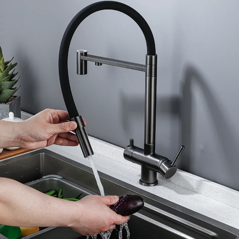 

Black Filtered Kitchen Faucet Dual Spout Mixer Tap with Water Purification 360° Rotating Crane for Kitchen Black Kitchen