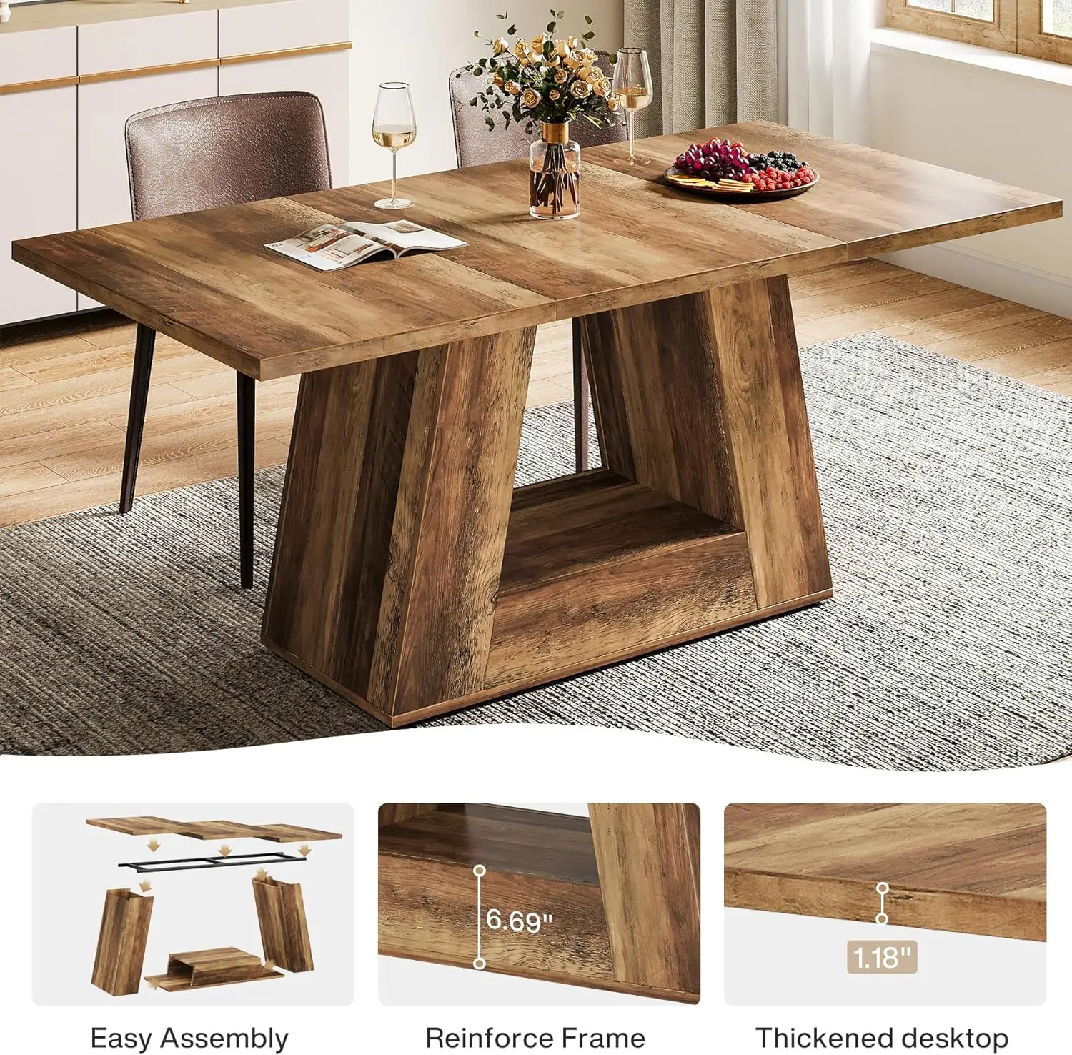 Dining Table for 4 to 6 People, 63" Farmhouse Dining Room Table, Rectangular Wooden Dinner Table with Sturdy Base for Kitchen, L