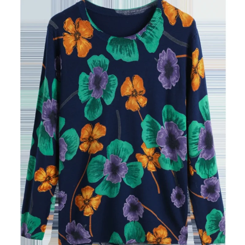 Retro damestrui met ronde hals en bloemen, losse trui 2025, vroege herfst, bedrukte trui, top, grote maten, gebreide dameskleding