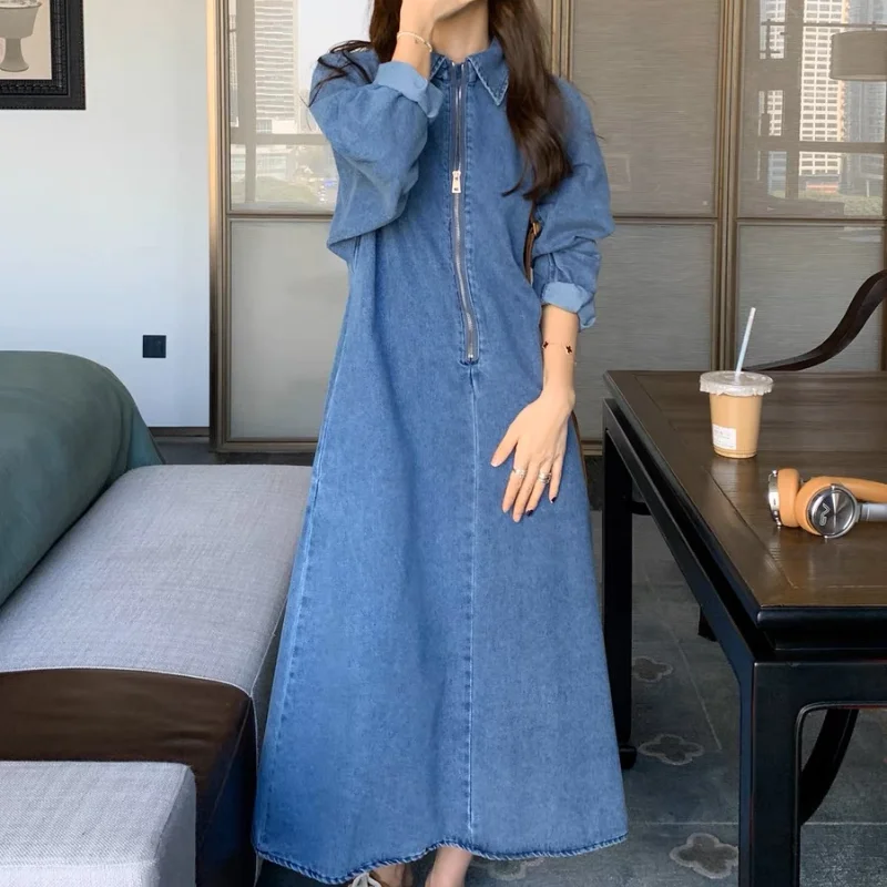 2024 Spring Chic Denim Women's Dresses Autumn French Style Long Sleeve Jeans Lady Vestidos Vintage Female Robe Clothes K1301