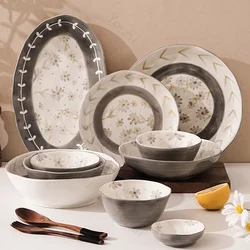 Light Luxury Flower Ceramic Plate Set Creative Restaurant Soup Bowls Delicious Dishes Dining Plate Exquisite Household Tableware