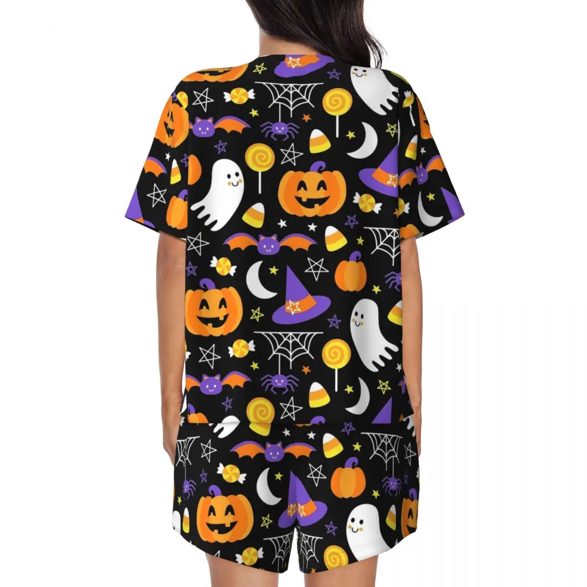 Happy Haunts Pajamas Daily 2 Pieces Spooky Cute Halloween Kawaii Pajama Sets Womens Short-Sleeve O Neck Leisure Custom Nightwear