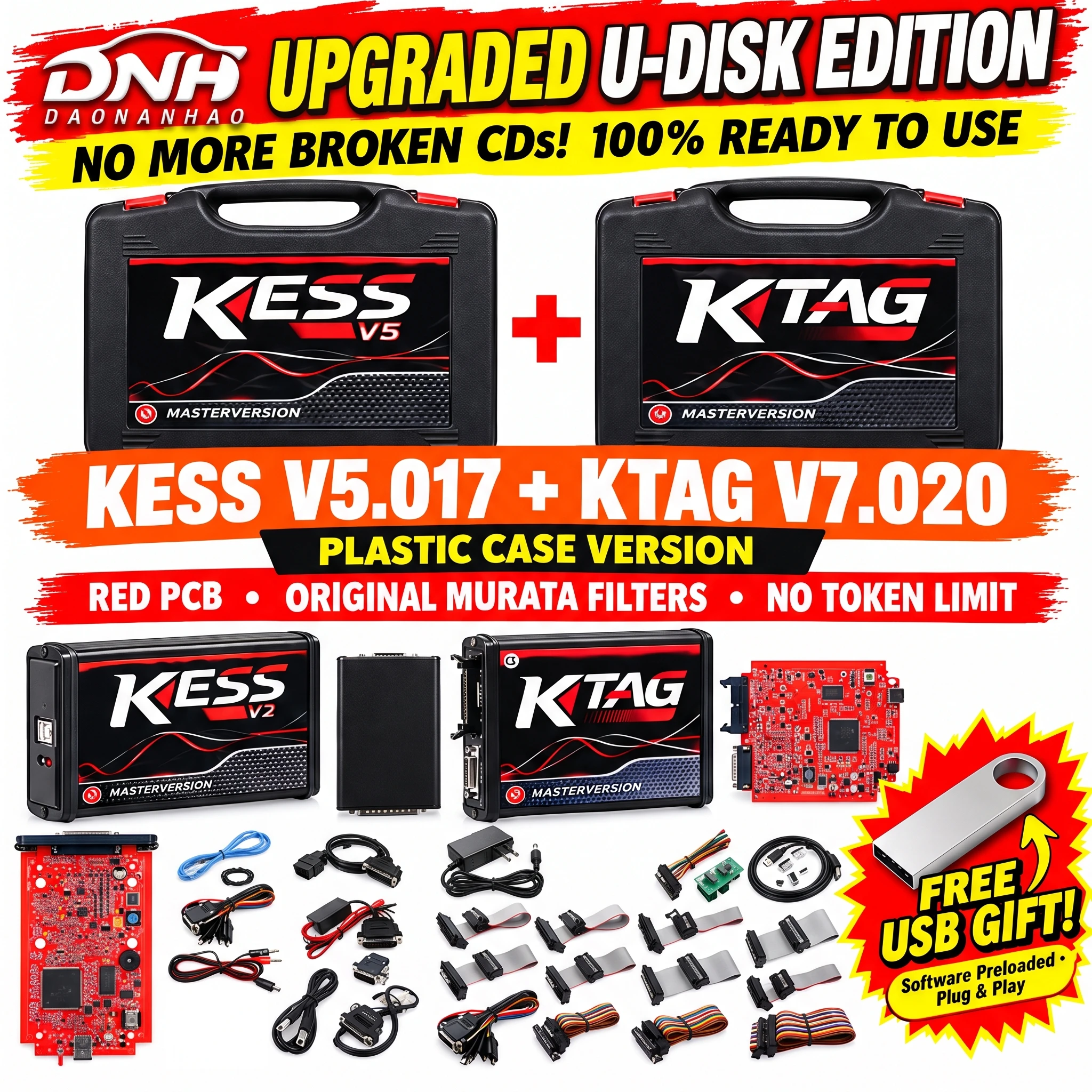 KESS V5.017 KTAG V7.020 Red Board ECU Programmer Master OBD2 BDM Tricore Tuning Tool With Preloaded Software U Disk