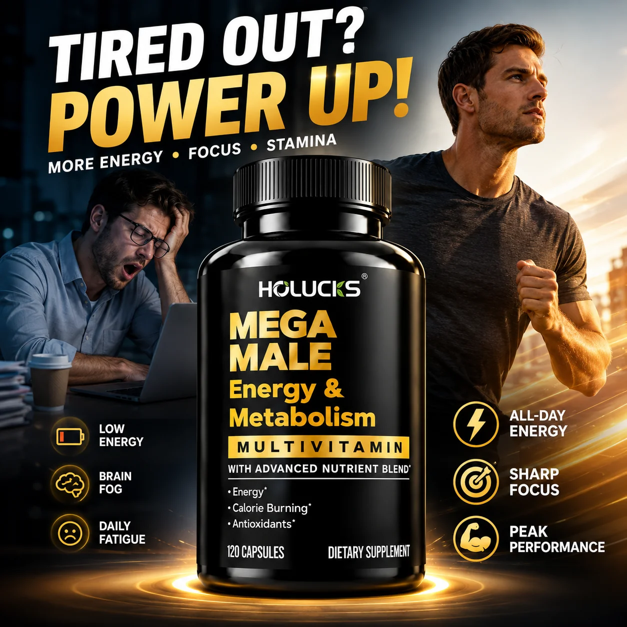 Mega Male Capsules, with B‑Complex Zinc Vitamin D Caffeine, Support Energy Mental Focus & Immune Metabolism  Antioxidant Health