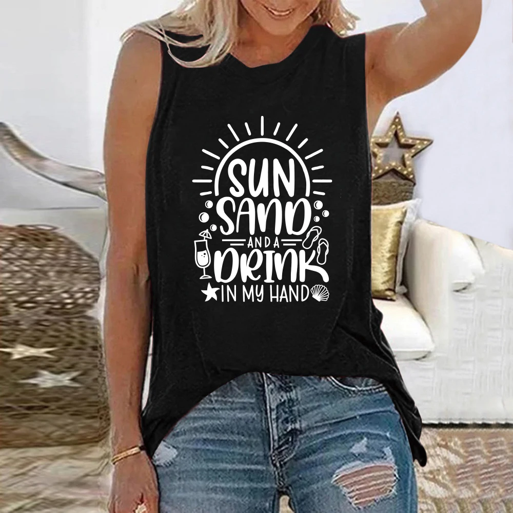 

Seeyoushy SUN SAND AND A DRINK IN MY HAND 2023 Summer Women's T-shirt Sleeveless Crewneck Casual Holiday Women's Top Y2K Tops