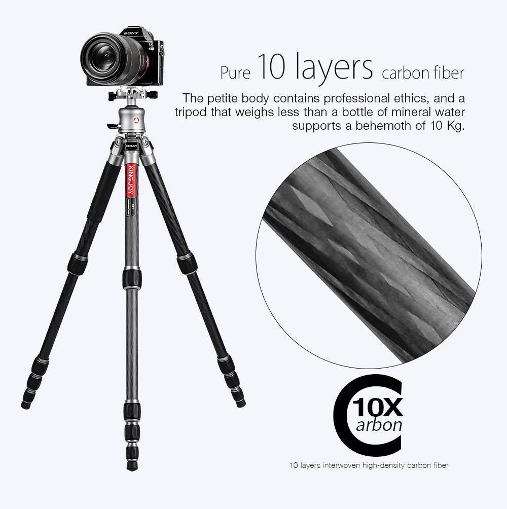 KINGJOY 10X Carbon Fiber DSLR Tripod Professional Photography Camera Tripe with Aluminum 360° Ball Head for Outdoor Travel Photo