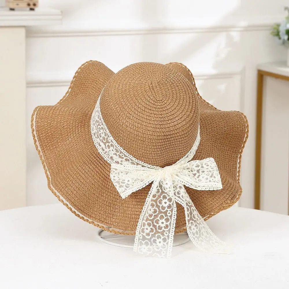 帽子 STRAW HAT WITH LACE RIBBON Lace Trim Straw Sun Hat - Foldable&UV Protection&Lightweight, The