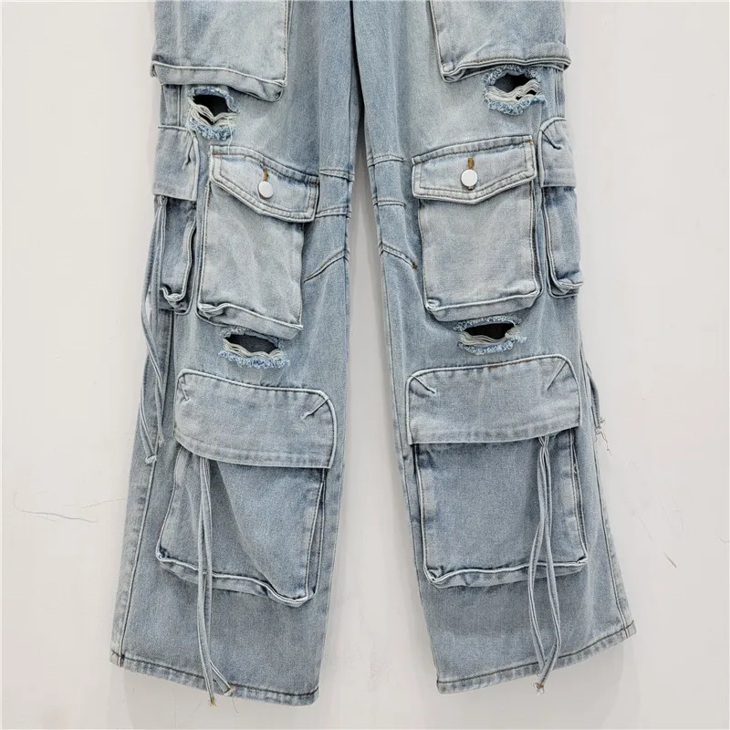 ANJY otoño nuevas mujeres Chic Cargo Jeans multi-bolsillo rasgado recto estilo Safari High Street moda Casual Y2K pantalones vaqueros A9395