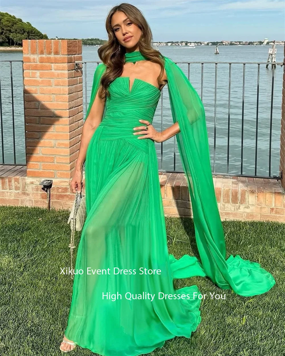 Xikuo Green Chiffon Evening Dresses See Through Cape A Line Pleated Abiti Da Cerimonia Unique Vestidos De Fiesta Customized