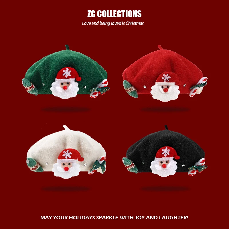

Santa Claus Candy Cane Fir Tree Festive Christmas Beret Hat Winter Warm Cozy Gift Cap Adults Kids Wool Xmas Holiday French Beret