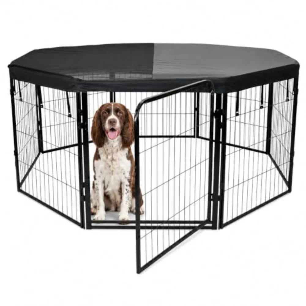 Dog Playpen w/Octagon Top Shade Cover - 32 inch, 8 Panel Portable Black Metal Pet Play Pen for Small & Medium Dogs