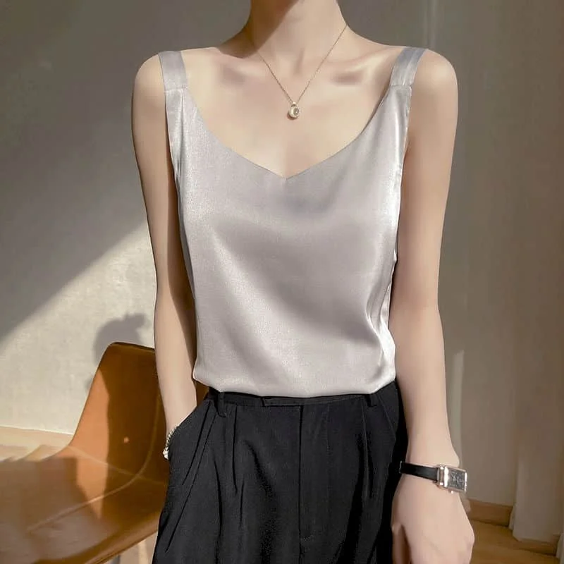 Seiden weste für Frauen Sommer Minimalismus V-Ausschnitt Vintage solide lässige ärmellose Tops grundlegende koreanische Stil enge Tanks Frauen kleidung