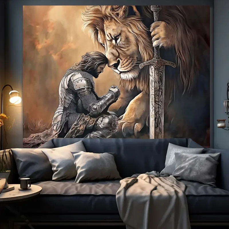 Tapiz VIKAMA de Caballero y León, Tela de Fondo con Poder Mítico Vintage, Estilo Fantasía Oscura, Decoración para Sala de Estar y Hogar