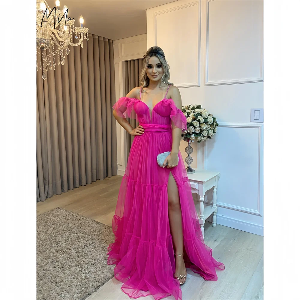 

Mila Spaghetti Strap Sweetheart Neck Prom Dresses Side High Split Evening Dresses Floor-Length Tulle Customized Party Dresses