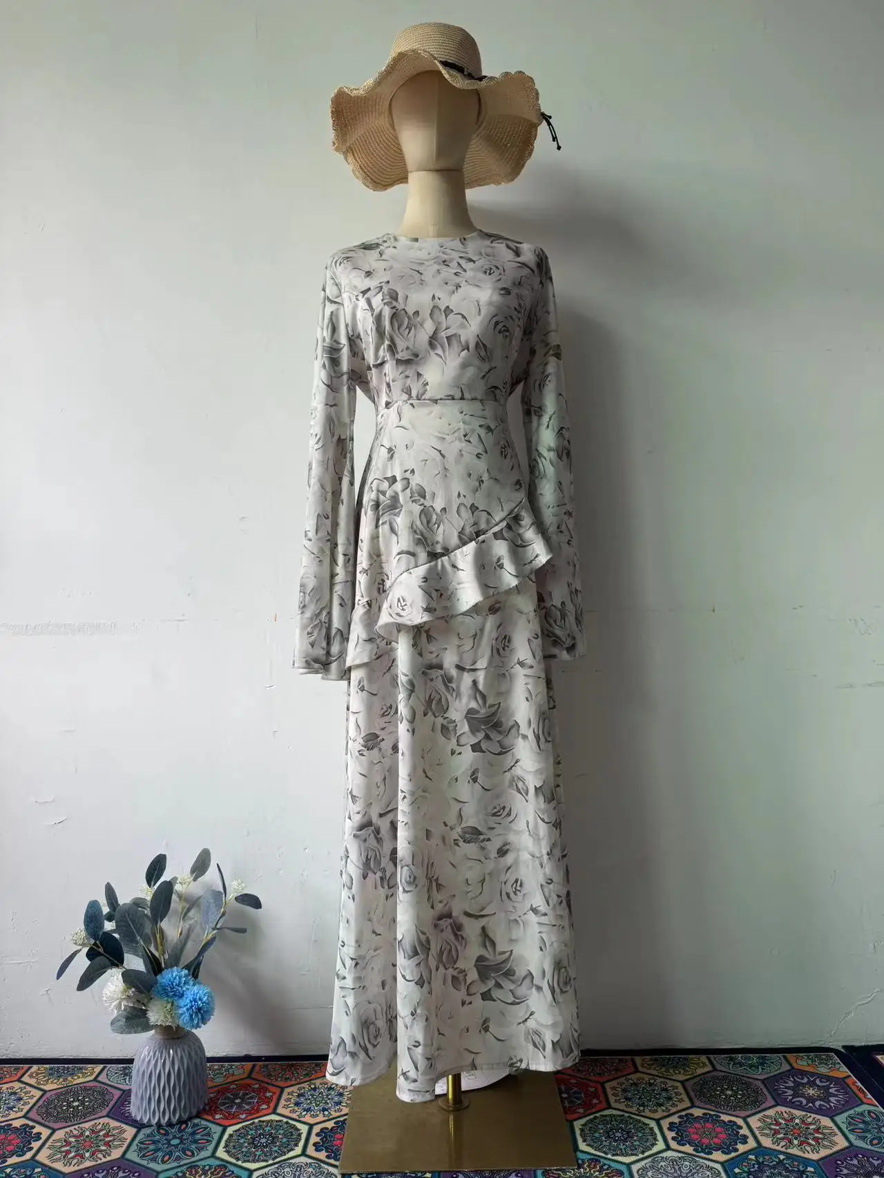 Luz de luxo mangas largas em torno do pescoço elegante moda criativa impresso design vestidos elegante vestido de baile senhora magro ajuste vestido