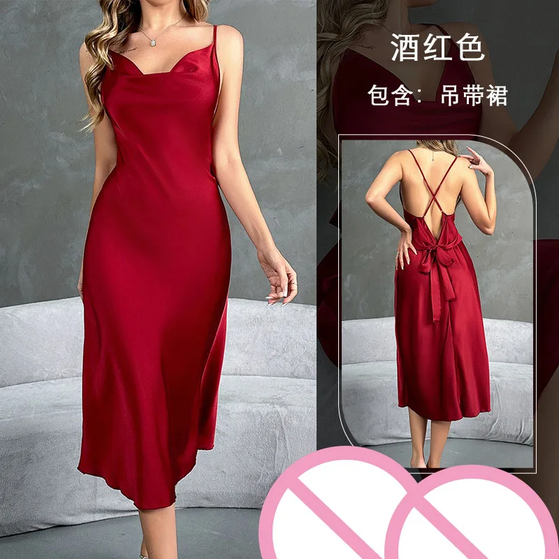 Fashionable minimalist women's clothing solid color satin long suspender sexy swing collar nightgown home pajamas Sleepshirts