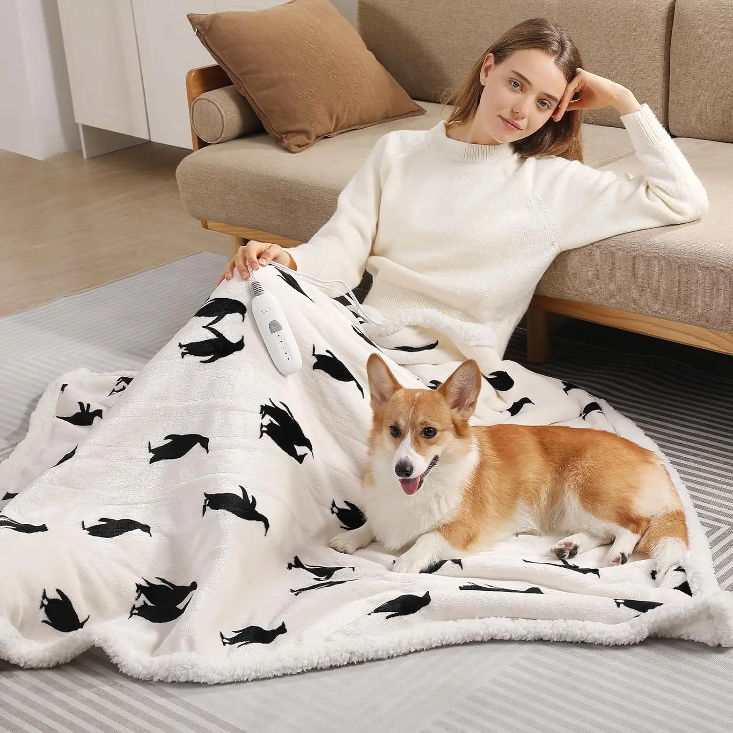 

Electric blanket, 5 temperature settings, automatic power off after 4 hours, 50 inches x 60 inches, machine washable.