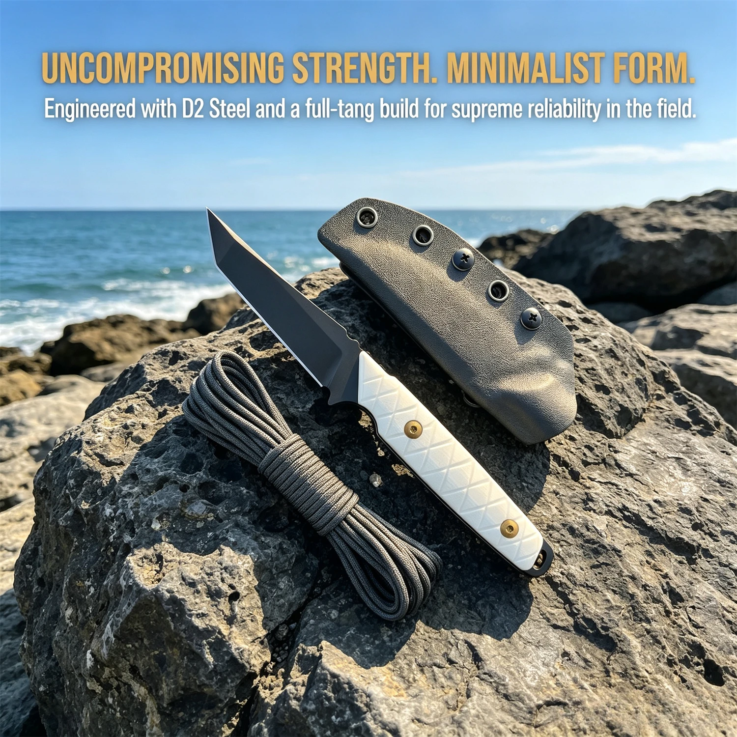 Minimalist Outdoor Fixed Blade Knife, Premium D2 Steel Blade with Black Coating, Textured White G10 Handle, for EDC & Camping