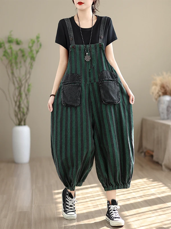 

Loose Green Striped Denim Overalls Women's Spring Summer Casual High Waist Wide Leg Lantern Pants Trousers Female Jeans