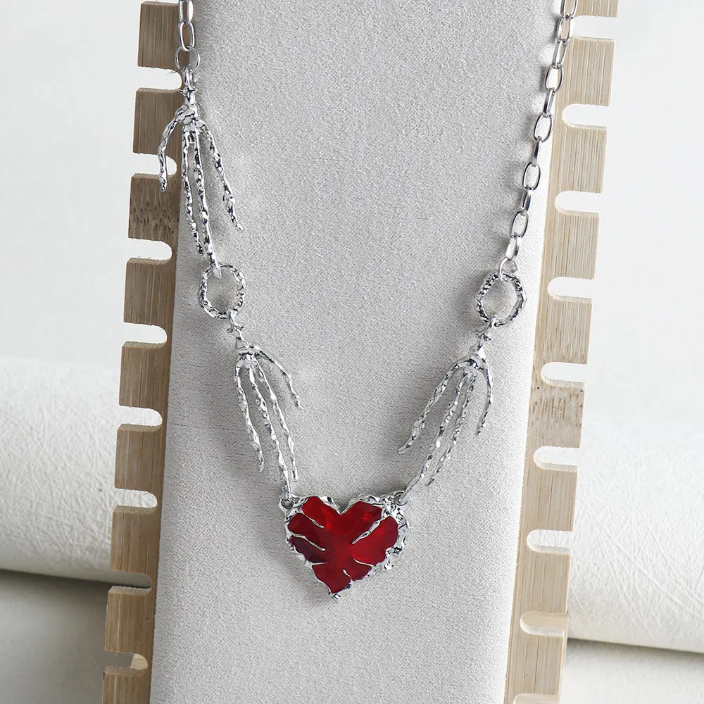 Heart Design Red Stone Hand Bone Shape Chain Women Men Necklace Ins Design Heart Style Charm Korean Chain Men Women Necklace