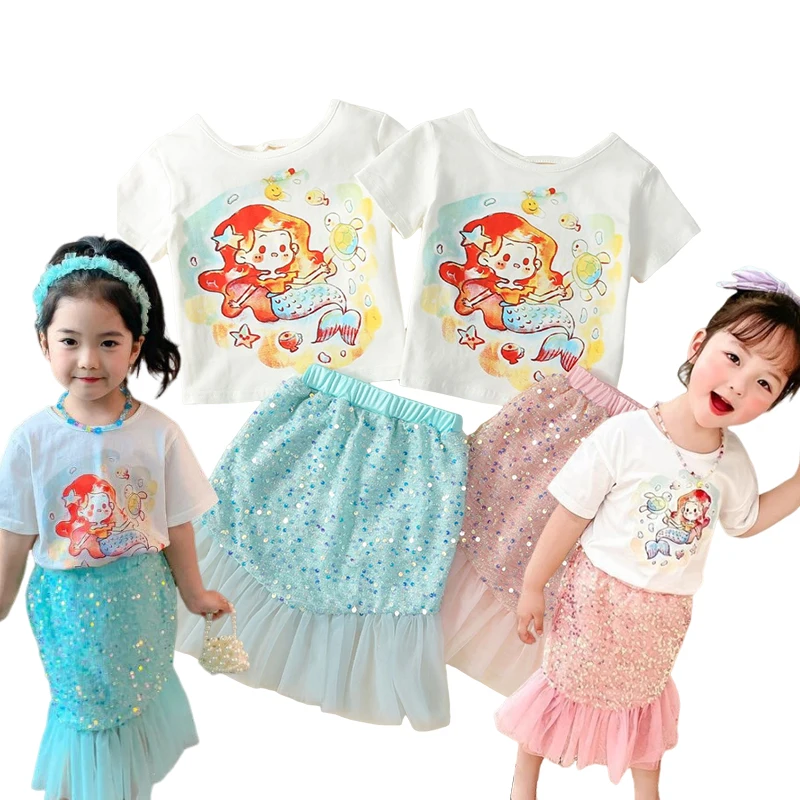 

Disney Princess Little Mermaid Ariel 2PCS T-shirt Dress for Kids Girls Summer Shiny Sequins Skirt Casual Cartoon Printed Set