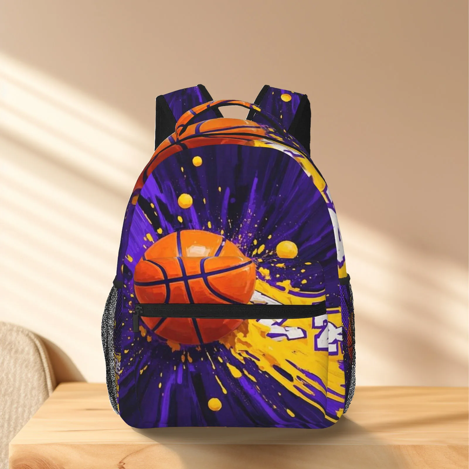 Basketball Themed Backpack with Hoop Large Capacity Bookbag Gear Carrier Adjustable Straps Zipper Closure Hand-Washable