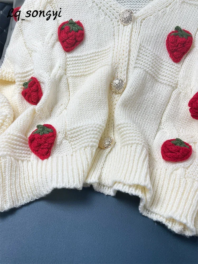 LQFunwink Beige Sweater Cardigan Strawberry Jacquard Knitted Coats Autumn Winter Sweet Girls Kawaii V Neck Jackets y2k