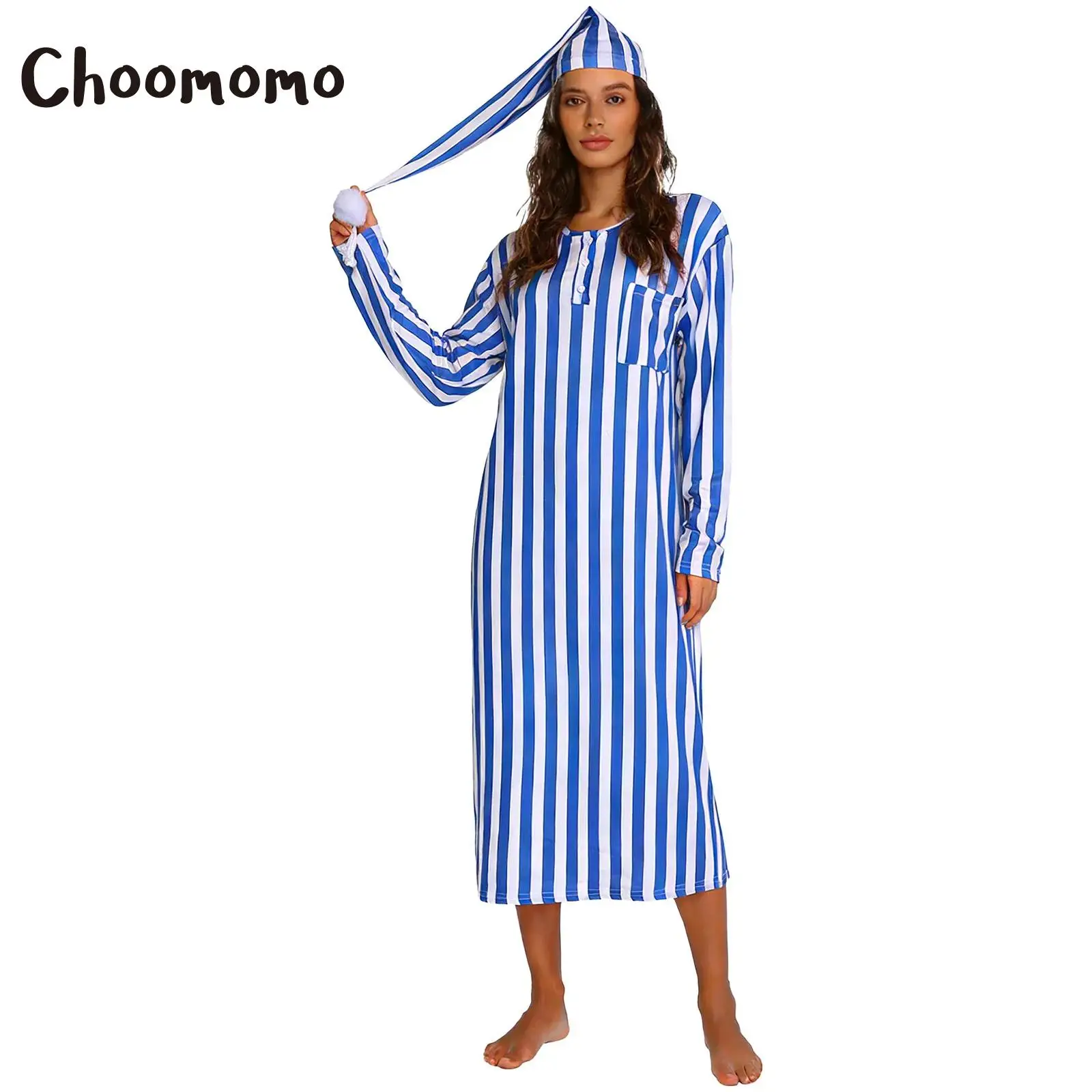 

Women Christmas Striped Nightgown with Sleeping Hat Pajamas Set Soft Loose Sleep Robe Long Sleeve Nightshirt Halloween Dress Up