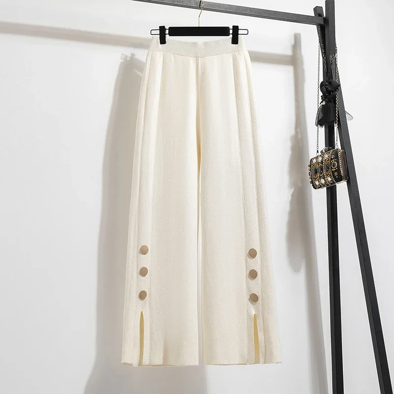 

Basics Casual Chic Elastic Waist Split Wide Leg Floor Length Pants Streetwear High Street Autumn Winter Plus Size Knit Clothing