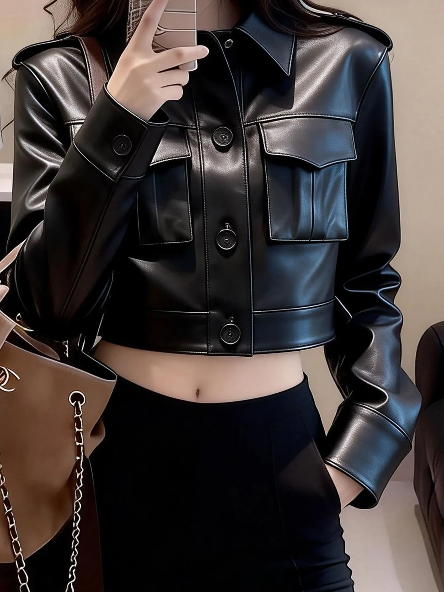 Chaqueta de Cuero Ele Bla para Mujer, Primavera 2026, Elegante, Entallada, Versátil, con Cuello Alto y Botones