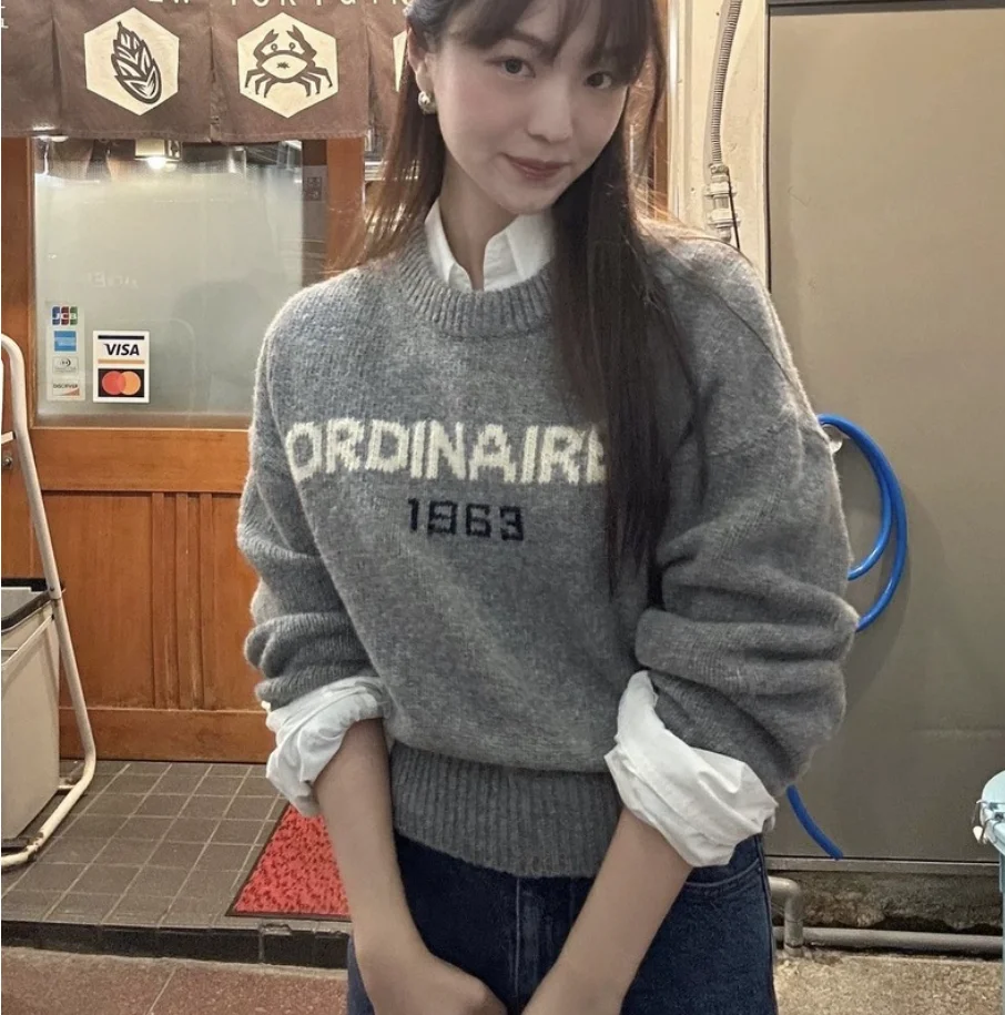 

Retro Letter Embroidery Knitwear round Ne Casual Base Layer Sweater Spring 2025 Commute Sle ort Length Overhead