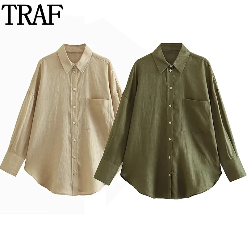 TRAF Linen Women Shirt 2023 Long Sleeve Blue Loose Blouses Streetwear Button Up White Woman Blouse Summer Casual Black Shirt