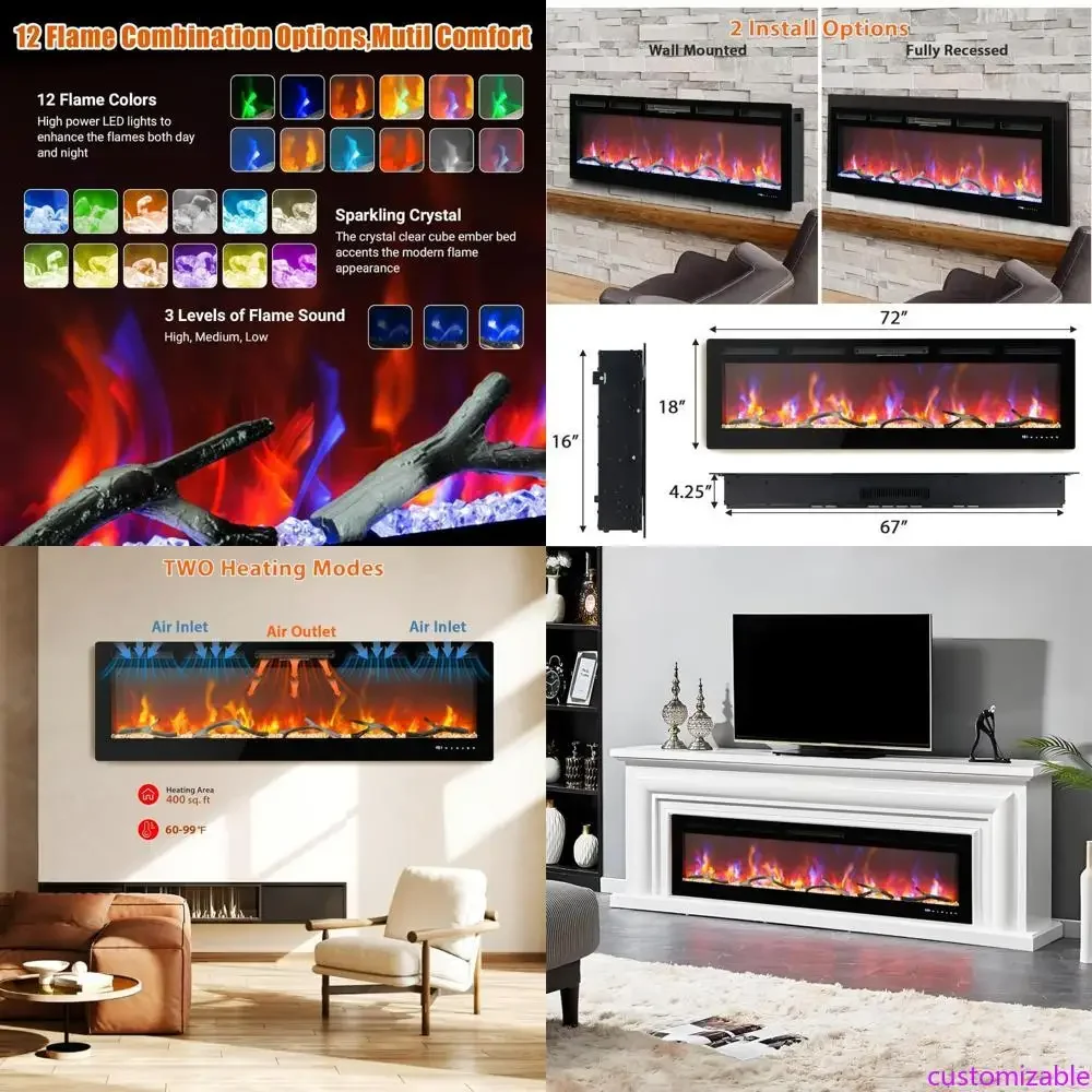 

72-Inch Wall-Mounted Electric Fireplace Heater with Timer, Remote Control, and 12 Flame Effects