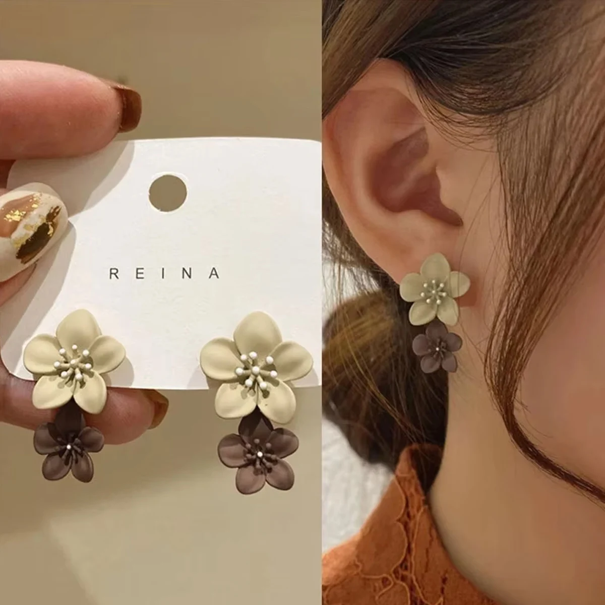 Brown Two Color Flower Drop Dangle Earrings for Women Korean Fashion Jewelry Wedding Party Girl Elegant Jewelry Accessories