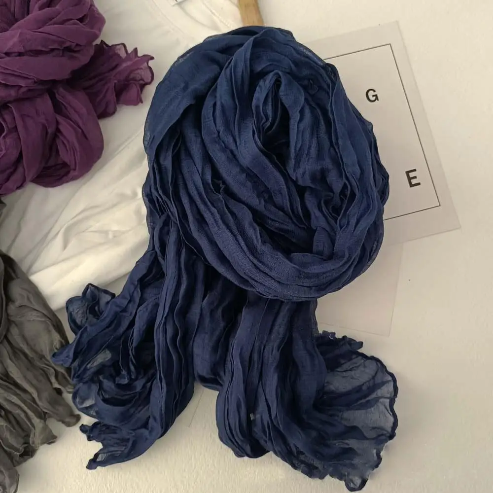 

Cotton Hemp Scarf Solid Color Warm Neck Wrap Shawl Wrinkled Twisted Pleated Long Scarves Retro Thin Long Strip Scarf 180x90cm