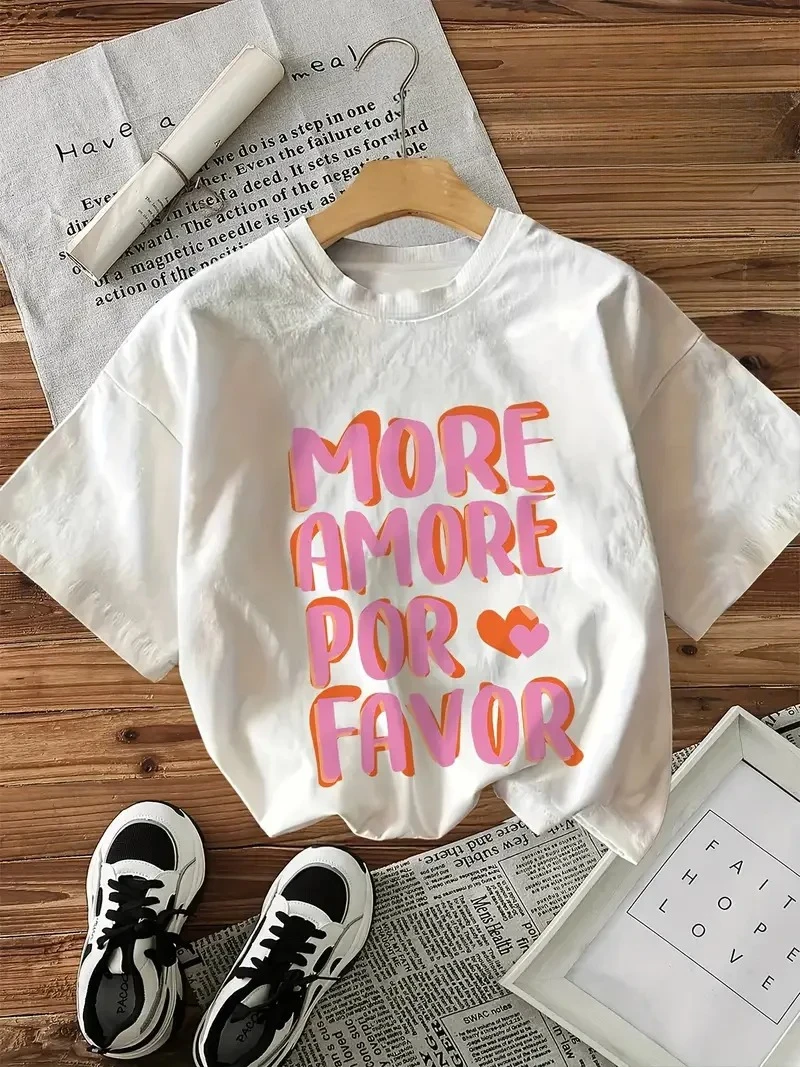 MORE AMORE POR FAVOR Graphic Print with Hearts T-Shirts Female T Shirts Tees Tops Women Clothing Ladies Tshirts