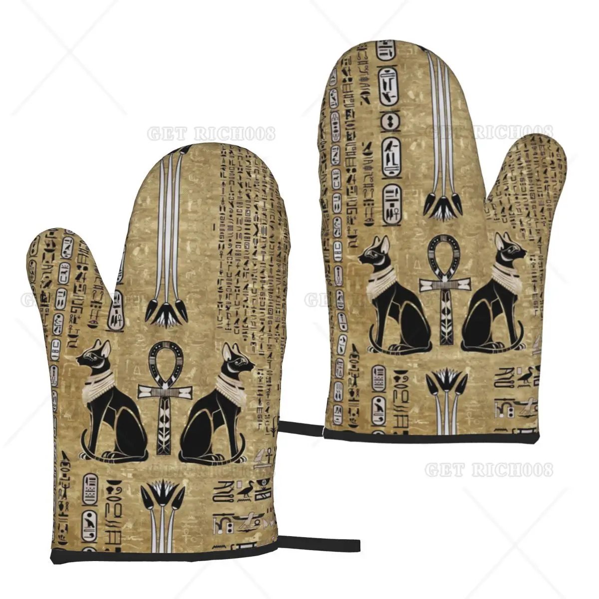 Vintage Cat Oven Gloves Heat Resistant Egyptian Style Oven Mitt 2 Piece Lining Non-Slip BBQ Bakery Kitchen Accessories