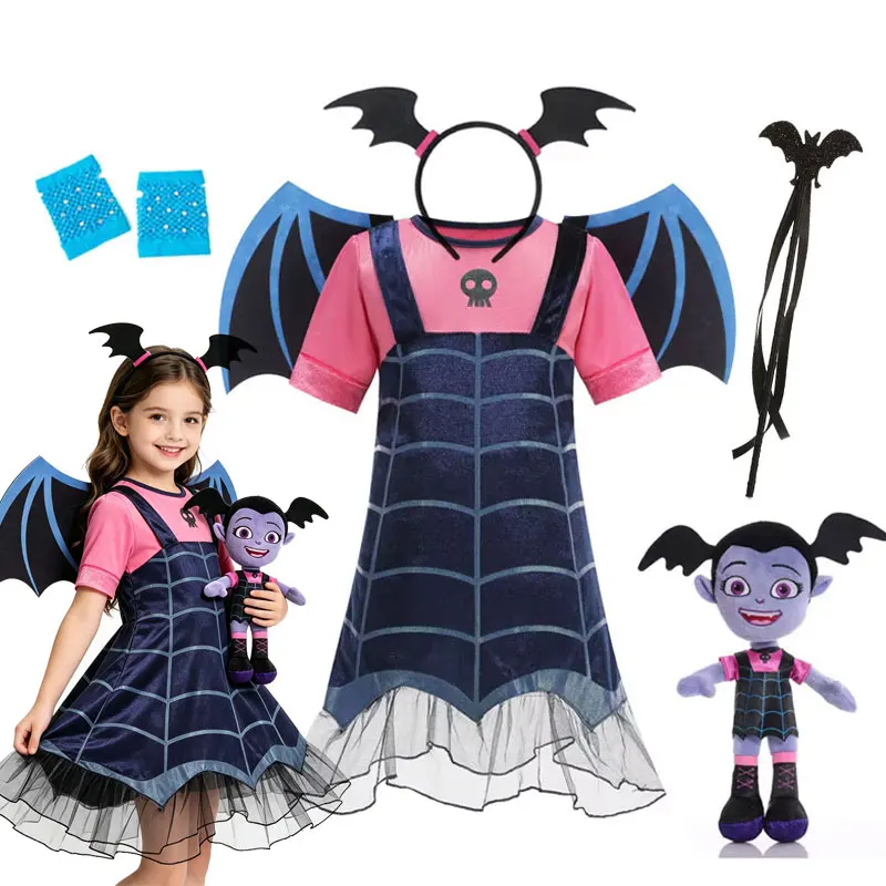 Kids Girls Vampire Bat Halloween Costume Dress Set Bat Wings & Headband Children Cosplay Fancy Outfit for Holiday Party