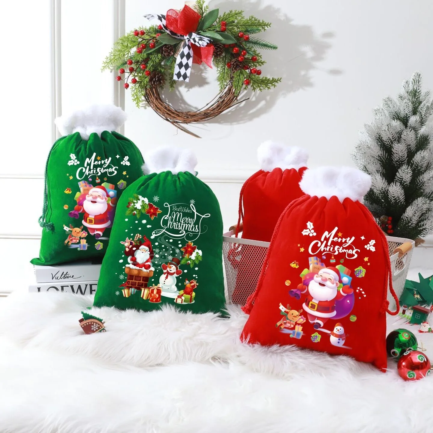 Drawstring Pouch High-Quality Christmas Eve Bag Candy Bags Large Velvet Santa Bag For Holiday Celebrations Christmas Eve Gifting