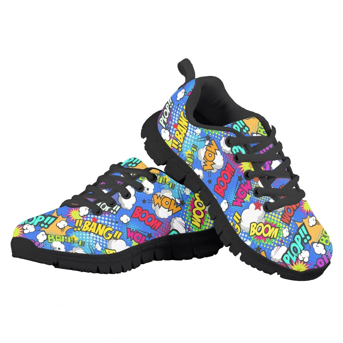 Zapatillas de correr con estampado de cómic para niños, zapatos informales transpirables con cordones duraderos, planos suaves para viajes al aire libre, novedad