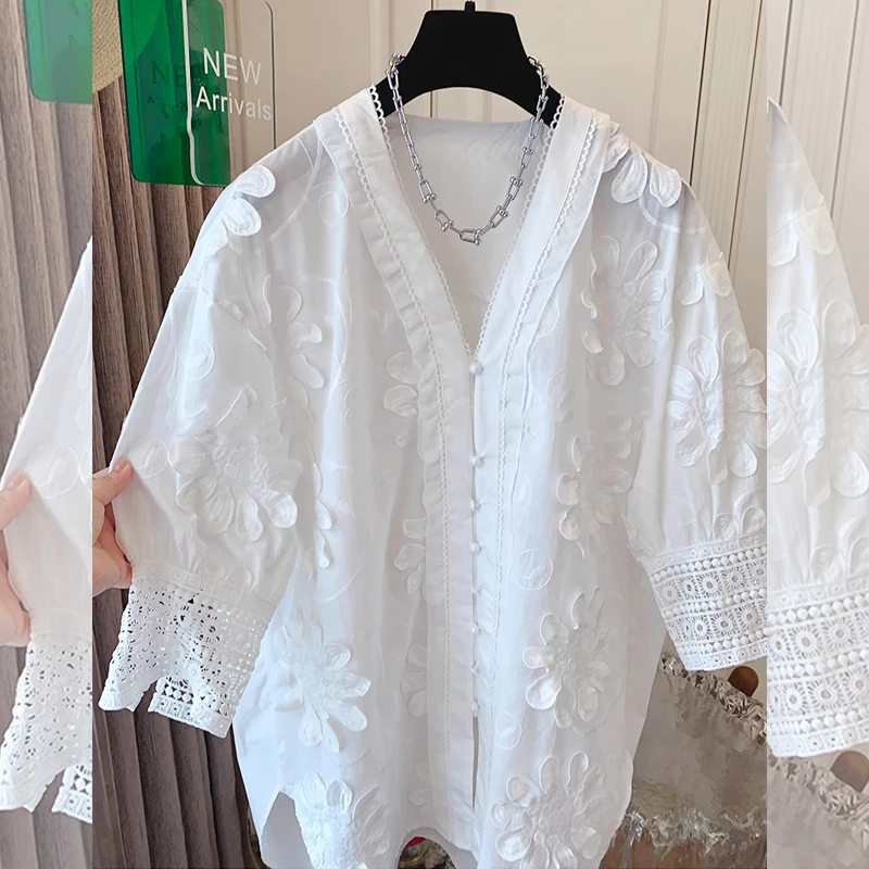 

Women's Summer irt Embroidered Floral Hook Stitch 3D Embroidery Loose Fit Button up ort Sve V Ne Korean Sle