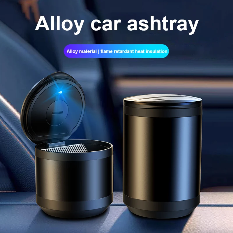 Portable Car Ashtray with Lid ,Detachable Mini Car Trash Can with LED Blue Ligh,  aluminium alloy Smokeless Ash Tray