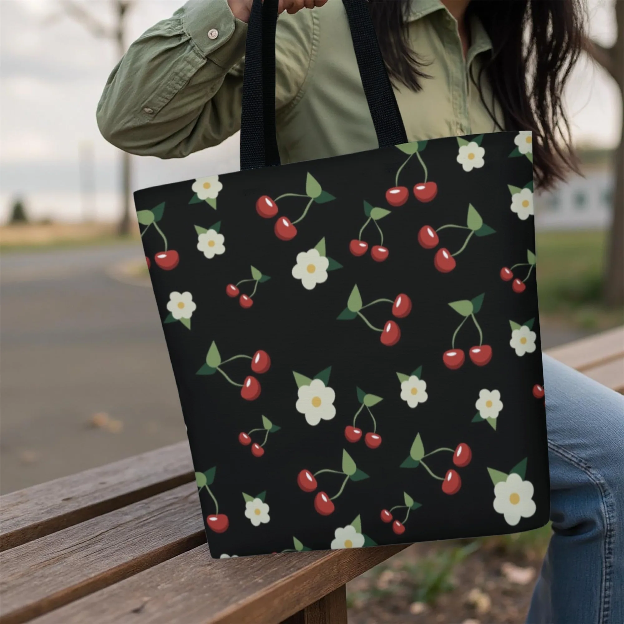 Black Cherry & Vintage Canvas Women Tote Bag Sweet Shoulder Bag Reusable Ideal for Vintage Fans Cute Style & Daily Sweet Looks
