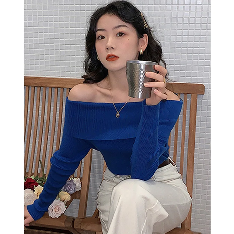 Camiseta interior de cuello alto para mujer, azul Klein, con hombros descubiertos, engrosada, estilo de invierno para el día a día, manga larga, ajuste ceñido