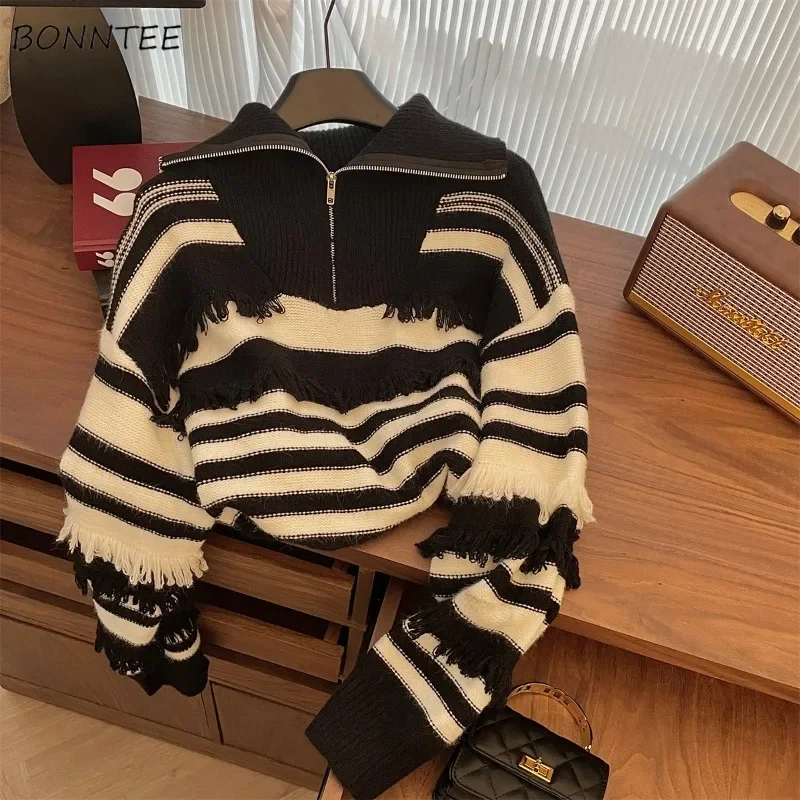 

Pullovers Women Half-zip Turn-down Collar Striped Casual Tassel Design Young Autumn Winter Knitted Sweaters Ulzzang Harajuku