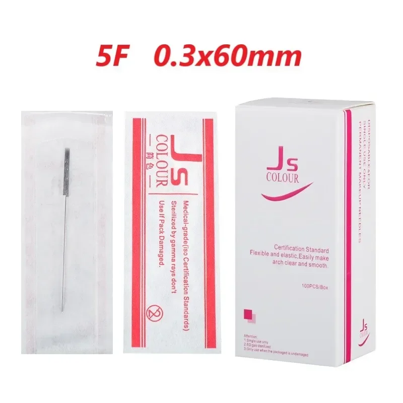Tattoo Needles for Permanent Eyebrow and Lip Makeup Machine, JS Color Brand Needle, 1R 3R 5F, 0.3mm * 60mm, 10 PCs, 50/100PCs