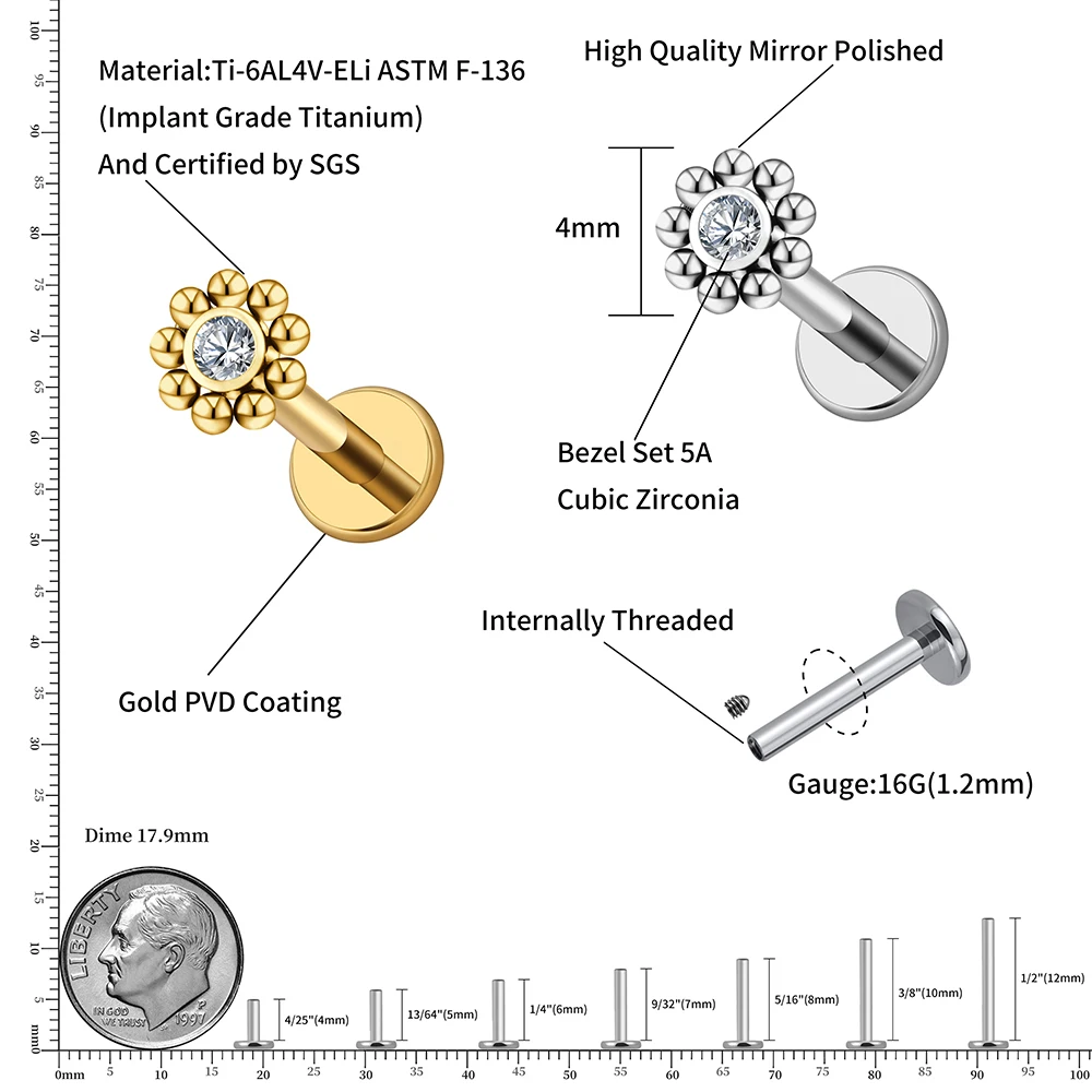 Right Grand ASTM F136 Titanium 16G Mini Beaded Sun Labret Stud CZ Flower Tragus Cartilage Helix Conch Nose Piercing Body Jewelry