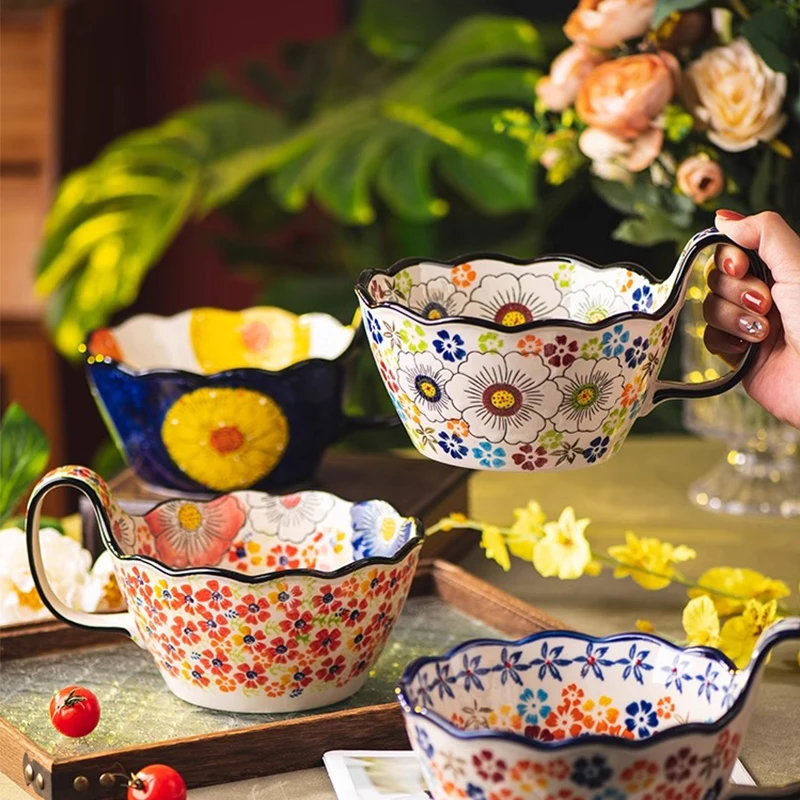 Hand painted Japanese handle bowl New ceramic baking bowl Instant noodles bowl Salad bowl Household tableware Baking bowl Househ